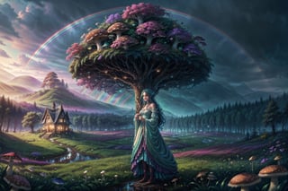 A whimsical scene unfolds: a woman, her skin radiant like the fungi she embodies, stands tall amidst a lush meadow swathed in misty humidity. Raindrops glisten on her hair and shoulders as she faces the viewer, her expression ethereal. In the background, a vibrant rainbow arcs across the sky, its colors bleeding into the drizzly atmosphere. The atmosphere is one of mystical enchantment, as if this fairytale world has been conjured from the very essence of wonder.