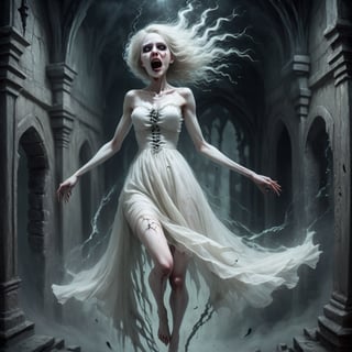 A screaming, frightening undead (((( extrem emo pale skin))) Banshee dressed in a thin white dress. floating body in the air. Her body is transparent. dungeon. gothic castle.