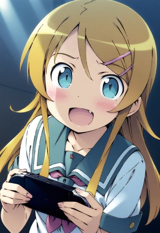 masterpiece, best quality, very aesthetic, absurdres, official art, megami magazine, 

1girl, kousaka kirino, ore no imouto ga konna ni kawaii wake ga nai, kanzaki hiro, aqua eyes, blonde hair, blue eyes, fang, hair ornament, hairclip, handheld game console, long hair, open mouth, playstation portable, school uniform, solo, 

shaded body, cinematic lighting