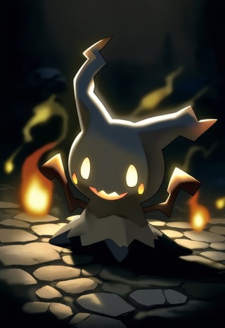 mimikyu, creatures \(company\), game freak, nintendo, pokemon, aura, black eyes, cobblestone, gen 7 pokemon, no humans, pokemon \(creature\), smile, solo, 

masterpiece, best quality, very aesthetic, absurdres, official art, shaded body, cinematic lighting