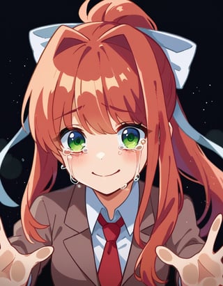 score_8_u, score_7_up, source_anime, Yuru-Flat, monika, 1girl, black background, blazer, bow, brown jacket, crying, crying with eyes open, film grain, glitch, green eyes, hair bow, hand on glass, jacket, long hair, looking at viewer, necktie, ponytail, reaching, reaching towards viewer, red hair, red necktie, school uniform, sidelocks, simple background, smile, solo, tears, upper body, white bow