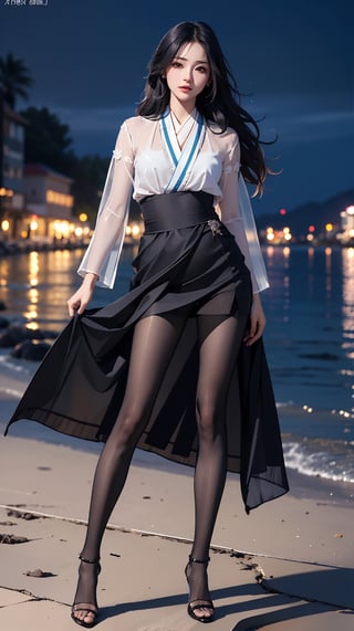 (best quality, masterpiece:1.2),ultra detailed,(photo realistic:1.4),solo,sexy lady,night beach,long_hair,black_hair, legs_spread,hanbok, (((transparent heels))), (((Full_body_shot))), (((pantyhose))),black pantyhose