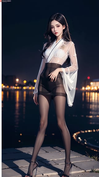 (best quality, masterpiece:1.2),ultra detailed,(photo realistic:1.4),solo,sexy lady,night beach,long_hair,black_hair, legs_spread,hanbok, (((transparent heels))), (((Full_body_shot))), (((pantyhose))),black pantyhose