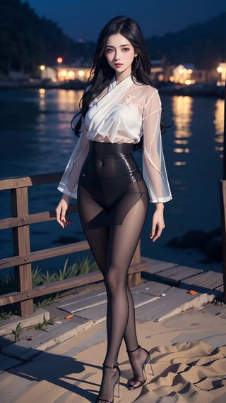 (best quality, masterpiece:1.2),ultra detailed,(photo realistic:1.4),solo,sexy lady,night beach,long_hair,black_hair, legs_spread,hanbok, (((transparent heels))), (((Full_body_shot))), (((pantyhose))),black pantyhose