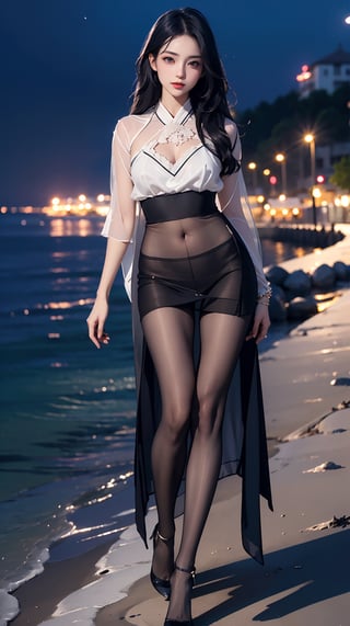 (best quality, masterpiece:1.2),ultra detailed,(photo realistic:1.4),solo,sexy lady,night beach,long_hair,black_hair, legs_spread,hanbok, (((transparent heels))), (((Full_body_shot))), (((pantyhose))),black pantyhose