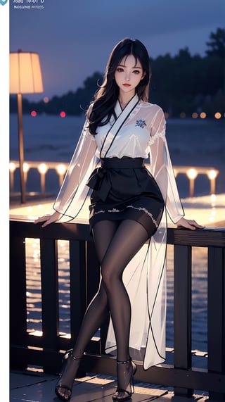 (best quality, masterpiece:1.2),ultra detailed,(photo realistic:1.4),solo,sexy lady,night beach,long_hair,black_hair, legs_spread,hanbok, (((transparent heels))), (((Full_body_shot))), (((pantyhose))),black pantyhose