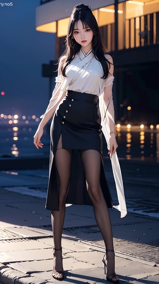 (best quality, masterpiece:1.2),ultra detailed,(photo realistic:1.4),solo,sexy lady,night beach,long_hair,black_hair, legs_spread,hanbok, (((transparent heels))), (((Full_body_shot))), (((pantyhose))),black pantyhose