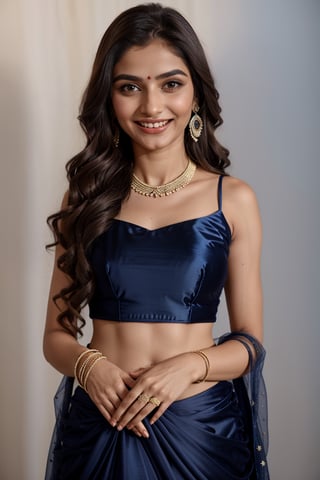 show complete woman, beautiful traditonal indian, wearing indian lehenga suit in sky blue color, full body, only one woman, extra long staright silky hair, bindi, beautiful arms, beautiful fingers, beautiful foot, with jewellery, closeup of face, full face, brown eyes, only 2 hands, naughty smile