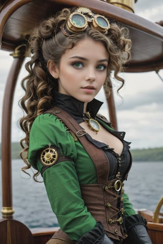  a young girl, curly brown hair, green eyes, tight steampunk sexy clothes, in a steampunk boat , 16k UHD, extreme realism, ultra definition, high quality