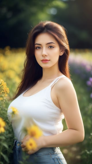 Create a high quality image, extreme details, ultra definition, extreme realism, high quality lighting, 16k UHD, a beautiful girl, huge breasts, white sleeveless short shirt with straps, tight jeans, posing in a sensual and provocative way, field of flowers, wooden fence, sunny day