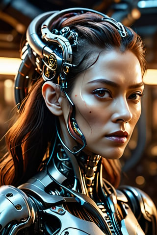 Generates a close-up portrait, a high quality image, a masterpiece, extreme details, ultra definition, extreme realism, high quality lighting, 16k UHD, a fusion between machine and organism, a biomechanical woman, mechanicals elements with human tissues in A creation of science fiction and horror, ,monster