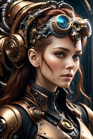 Generates a close-up portrait, a high quality image, a masterpiece, extreme details, ultra definition, extreme realism, high quality lighting, 16k UHD, a fusion between machine and organism, a biomechanical woman, steampunk elements with human tissues in A creation of science fiction and horror, ,monster