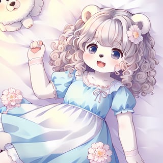 (1girl, furry girl,maternal,cute, A curvy polar bear woman with tolerance, Fluffy, Curly hair),pale pastel flower dress, (stuffy, round face),(((1girl is loli,children)),ignorance,Stupid),open mouth