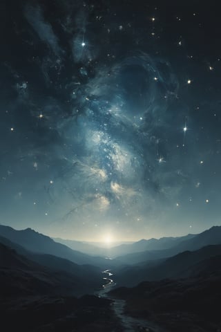 illustration of a supernova starry night. Minimalist, hazy, blue and silver, low contrast, cinematic, muted tones


