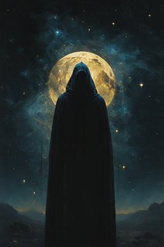 illustration of a cloaked figure, supernova starry night. Minimalist, hazy, blue and gold, low contrast, cinematic, muted tones


