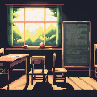 masterpiece, best quality, ultra-detailed, illustrationkyoushitsu, kyoushitsu, classroom, chalkboard, no humans, chair, desk, window, indoors, scenery, school, bulletin board, school desk, sunlight, shadow, curtains, chinese text, school chair, pixel style