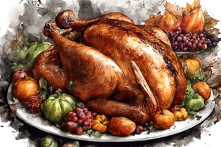 ink art , a delicious thanksgiving turkey dish, ultra high detailed,ink ,style, horror theme,monster, 