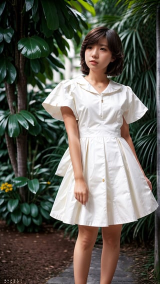 full body, beautiful, masterpiece, hyper realistic, 1girl, solo, short hair, long brown hair, hair ornament, dress, brown sneakers, flower, outdoors, day, white dress, depth of field, sexy pose, kamen rider, looking up, trendy