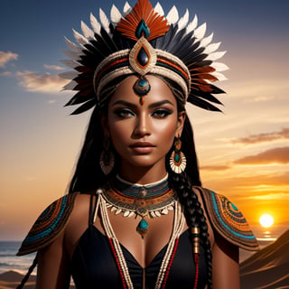 Posing of a elegant amazonian tribal Queen, digital art, gothic art, Archaic face, Deep eyes, intricate body, beautiful detail and color, sophisticated suit design, detailed body, sigma dress, background sunset. High quality, cinematic, photo_realistic, (detailed_background), (detailed colours), (highly-detailed, extremely_detailed, ultra_detailed, beautiful, aesthetic,, HD), (extremely clear CG unity 8k, 8k, masterpiece, best quality), (best shadow, best light, best texture), (clear background), ((enhance details, pixels, texture)) enhance body features, remove, enhance, sharpen, Movie Still, Film Still, ((perspective)), ((fullbody)), Sigma 30mm