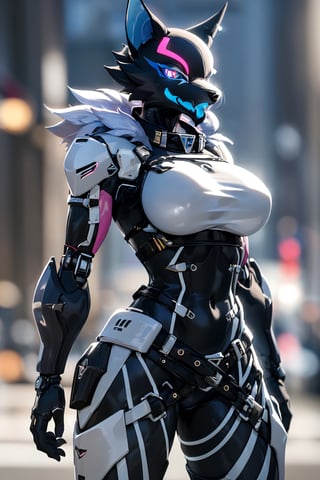 RAW photo, Best picture quality, high resolution, HDR, highres, (absurdres:1.2), realistic, sharp focus, realistic image of elegant furry anthro woman, beauty, supermodel, pure white hair, red eyes, wearing high-tech cyberpunk style blue mecha suit, radiant Glow, sparkling suit, mecha, perfectly customized high-tech suit, ice theme, custom design, 1 girl,furry, anthro, wolf,black fur, body fur, wolf face, blue tongue,pink eyes, blue sclera,eye scar, scar across face,collar, wolf girl, furry wolf, swordup, looking at viewer, robot,  lens flare, (vibrant color:1.2),1girl, hourglass body shiape,highwire