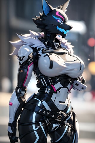 RAW photo, Best picture quality, high resolution, HDR, highres, (absurdres:1.2), realistic, sharp focus, realistic image of elegant furry anthro woman, beauty, supermodel, pure white hair, red eyes, wearing high-tech cyberpunk style blue mecha suit, radiant Glow, sparkling suit, mecha, perfectly customized high-tech suit, ice theme, custom design, 1 girl,furry, anthro, wolf,black fur, body fur, wolf face, blue tongue,pink eyes, blue sclera,eye scar, scar across face,collar, wolf girl, furry wolf, swordup, looking at viewer, robot,  lens flare, (vibrant color:1.2),1girl, hourglass body shiape,highwire