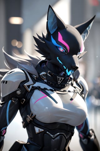 RAW photo, Best picture quality, high resolution, HDR, highres, (absurdres:1.2), realistic, sharp focus, realistic image of elegant furry anthro woman, beauty, supermodel, pure white hair, red eyes, wearing high-tech cyberpunk style blue mecha suit, radiant Glow, sparkling suit, mecha, perfectly customized high-tech suit, ice theme, custom design, 1 girl,furry, anthro, wolf,black fur, body fur, wolf face, blue tongue,pink eyes, blue sclera,eye scar, scar across face,collar, wolf girl, furry wolf, swordup, looking at viewer, robot,  lens flare, (vibrant color:1.2),1girl, hourglass body shiape,highwire