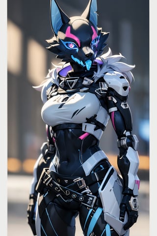 RAW photo, Best picture quality, high resolution, HDR, highres, (absurdres:1.2), realistic, sharp focus, realistic image of elegant furry anthro woman, beauty, supermodel, pure white hair, red eyes, wearing high-tech cyberpunk style blue mecha suit, radiant Glow, sparkling suit, mecha, perfectly customized high-tech suit, ice theme, custom design, 1 girl,furry, anthro, wolf,black fur, body fur, wolf face, blue tongue,pink eyes, blue sclera,eye scar, scar across face,collar, wolf girl, furry wolf, swordup, looking at viewer, robot,  lens flare, (vibrant color:1.2),1girl, hourglass body shiape,highwire