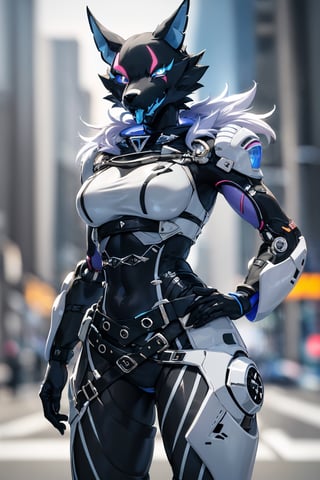 RAW photo, Best picture quality, high resolution, HDR, highres, (absurdres:1.2), realistic, sharp focus, realistic image of elegant furry anthro woman, beauty, supermodel, pure white hair, red eyes, wearing high-tech cyberpunk style blue mecha suit, radiant Glow, sparkling suit, mecha, perfectly customized high-tech suit, ice theme, custom design, 1 girl,furry, anthro, wolf,black fur, body fur, wolf face, blue tongue,pink eyes, blue sclera,eye scar, scar across face,collar, wolf girl, furry wolf, swordup, looking at viewer, robot,  lens flare, (vibrant color:1.2),1girl, hourglass body shiape,highwire