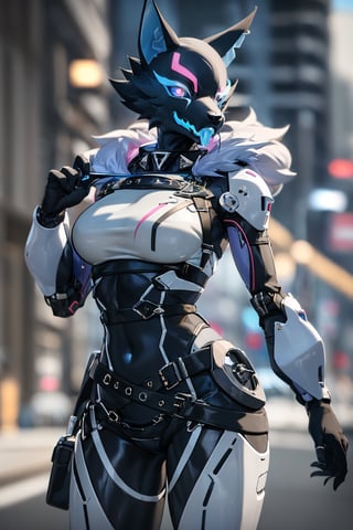 RAW photo, Best picture quality, high resolution, HDR, highres, (absurdres:1.2), realistic, sharp focus, realistic image of elegant furry anthro woman, beauty, supermodel, pure white hair, red eyes, wearing high-tech cyberpunk style blue mecha suit, radiant Glow, sparkling suit, mecha, perfectly customized high-tech suit, ice theme, custom design, 1 girl,furry, anthro, wolf,black fur, body fur, wolf face, blue tongue,pink eyes, blue sclera,eye scar, scar across face,collar, wolf girl, furry wolf, swordup, looking at viewer, robot,  lens flare, (vibrant color:1.2),1girl, hourglass body shiape,highwire