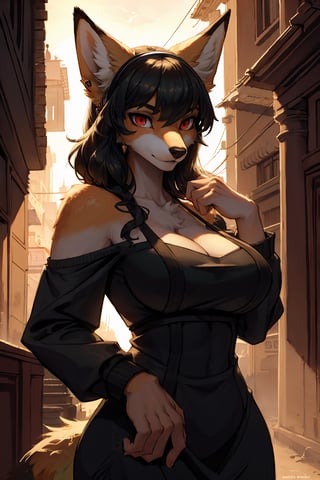 Uploaded on e621, by Pixelsketcher, by Bayard Wu, by Thomas Benjamin Kennington, by Einshelm, Solo, furry, anthro, fox, fox, Yor forger as a anthro fox with her assassin dress, yellow fur, white fur, fox ears, fox face, fox nose, red eyes, ((detailed fur)), ((fluffy body)), ((fluffy)), ((red eyes)), black eye liner, ((detailed eyes)), ((perfect eyes)),(detailed Bonifasko lighting), (detailed fur), (detailed skin), (cinematic lighting), (half shadow), (backlighting), (crepuscular ray), [detailed ambient light], [grey natural light], [ambient light], (higher wildlife feral detail), [sharp focus], ((masterpiece)), regular_breasts, (black long hair), perfect_eyes, perfect_body, outdoors, detailed city background, perfect_hands, tail , facing_viewer, potrait view, upper body portrait, standing, in a perfect black dress, perfect black dress, seductive look,bbyorf, short hair with long locks,white hairband,black pantyhose, long sleeves, sweater dress,red sweater, off shoulder, jewelry,large breasts, gold earrings