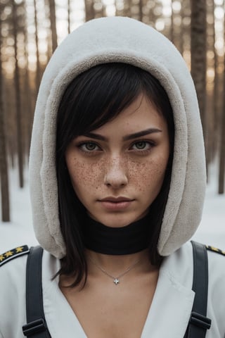 photograph, full body, 18yo woman, woman in army wearing special army clothes, sexy girl wearing russian ushanka, realistic skin, woman posing with her feet in front presenting her feet on the photo, realistic face, super realistic fingers, realisric fingernails, posing in snowy forest with snowmobile in background, real model face, real life face, ultra detailled face and skin, beautiful feet, barefeet, foot model, nose piercing, woman wearing a nose piercing, long stylish hair, rachel cook look alike, stylish haircut, stylish hairstyle, russian, japanese, swedish, mixed race, young, dramatic lighting, medium hair, detailed face, detailed nose, cleavage, freckles, collar or choker, smirk, tattoo, intricate background
,realism,realistic,raw,woman,photorealistic,realism