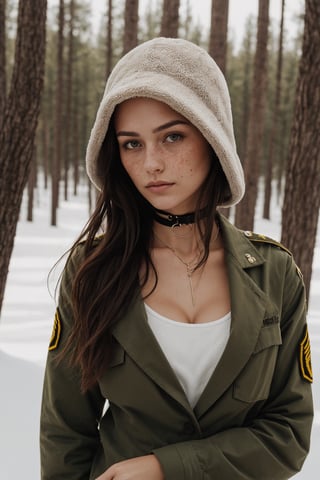 photograph, full body, 18yo woman, woman in army wearing special army clothes, sexy girl wearing russian ushanka, realistic skin, woman posing with her feet in front presenting her feet on the photo, realistic face, super realistic fingers, realisric fingernails, posing in snowy forest with snowmobile in background, real model face, real life face, ultra detailled face and skin, beautiful feet, barefeet, foot model, nose piercing, woman wearing a nose piercing, long stylish hair, rachel cook look alike, stylish haircut, stylish hairstyle, russian, japanese, swedish, mixed race, young, dramatic lighting, medium hair, detailed face, detailed nose, cleavage, freckles, collar or choker, smirk, tattoo, intricate background
,realism,realistic,raw,woman,photorealistic,realism