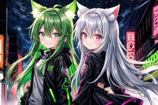 anime girl is wearing black, 2girl, animal ears, smile, green hair,neon coat, long hair, glowing, grin,from back, glowing eyes, black jacket,:), long sleeves, hair between eyes, bangs,night street, cowboy shot,neon,neon palette