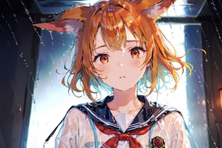 dynamic angle, raining, heavy rain,blurry_background,seifuku,wet_clothing, solo, animal ears,fox ears, orange hair,red eyes, glowing eyes, cowboy shot,embarassed,masterpiece, best quality, aesthetic,more detail XL,soakingwetclothes