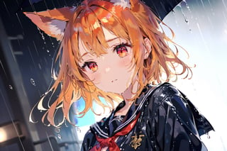 dynamic angle, raining, heavy rain,blurry_background,seifuku,wet_clothing, solo, animal ears,fox ears, orange hair,red eyes, glowing eyes, cowboy shot,embarassed,masterpiece, best quality, aesthetic,more detail XL,soakingwetclothes