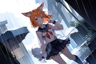 dynamic angle, raining, heavy rain,blurry_background,seifuku,wet_clothing, solo, animal ears,fox ears, orange hair,red eyes, glowing eyes,full body ,masterpiece, best quality, aesthetic