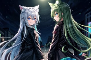 anime girl with dark blue eyes is wearing black, 2girl, animal ears, smile, green hair,coat, long hair, glowing, grin,from back, glowing eyes, black jacket,:), long sleeves, hair between eyes, bangs,night street, cowboy shot,neon,neon palette