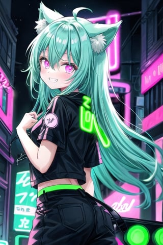 anime girl is wearing black, 2girl, animal ears, smile, green hair,neon coat, long hair, glowing, grin,back to back, glowing eyes, black jacket,:), short sleeves, hair between eyes, bangs,night street,cowboy shot,neon,(neon palette:1.5)