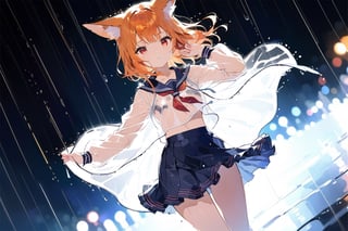 dynamic angle, raining, heavy rain,blurry_background,seifuku,wet_clothing,see-through ,solo, animal ears,fox ears, orange hair,red eyes, glowing eyes,full body ,masterpiece, best quality, aesthetic