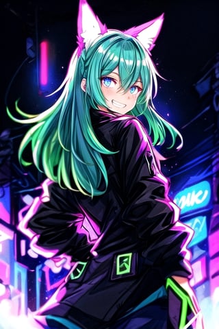 anime girl with dark blue eyes is wearing black and neon pink, 1girl, solo, animal ears, smile, green hair, jacket, long hair, glowing, grin,from back, glowing eyes, black jacket, evil smile, crazy smile, long sleeves, hair between eyes, bangs,evangelion,neon lighting,night street, cowboy shot,neon palette