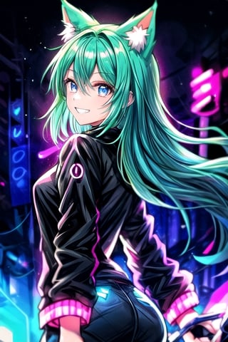 anime girl with dark blue eyes is wearing black and neon pink, 1girl, solo, animal ears, smile, green hair, jacket, long hair, glowing, grin,from back, glowing eyes, black jacket, evil smile, crazy smile, long sleeves, hair between eyes, bangs,evangelion,neon lighting,night street, cowboy shot,neon palette