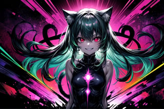 1girl,solo,cat ears, animal ears,green hair, middle hair,small breasts,red eyes, glowing,glowing eyes,evil smile,crazy smile,(abstract art:1.3,psychedelia theme:1.2)