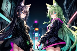 anime girl with dark blue eyes is wearing black, 2girl, animal ears, smile, green hair,neon coat, long hair, glowing, grin,from back, glowing eyes, black jacket,:), long sleeves, hair between eyes, bangs,night street, cowboy shot,neon,neon palette