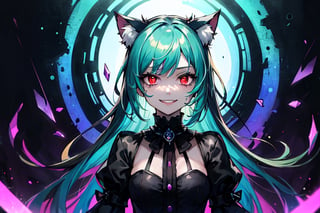 1girl,solo,cat ears, animal ears,green hair, middle hair,small breasts,red eyes, glowing,glowing eyes,gothic_lolita,gothic,evil smile,crazy smile,(abstract art:1.3,psychedelia theme:1.2),castle background ,glass fragments, (glass splinter in the air:1.1),upper_body