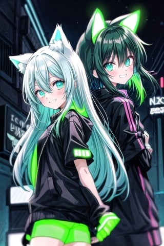 anime girl is wearing black, 2girl, animal ears, smile, green hair,neon coat, long hair, glowing, grin,back to back, glowing eye, black jacket,:), short sleeves, hair between eyes, bangs,night street,cowboy shot,neon,(neon palette:1.5),vignetting