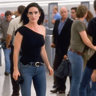 sologirl, masterpiece, young Jennifer Connelly standing in an airpot, surrounded by paparazzi, best quality, ray tracing, hdr, volumetric lighting, full body shot, facing viewer, shy smile, photo, (medium breasts), tight skinny jeans, one shoulder black top, black long boots, high heels ,Masterpiece,jenniferconnelly