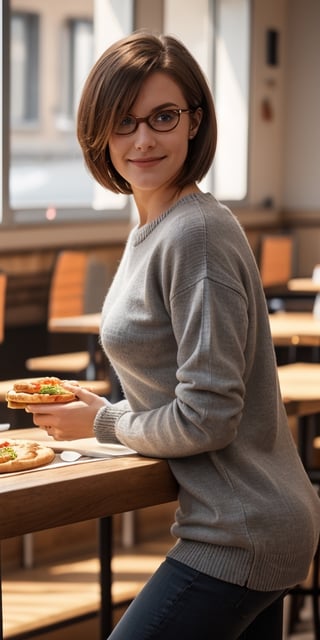 1girl, solo, french, 26 yo,  marineblueeyes, grey sweater, black skinny jeans, medium large breasts, glasses, brown hair, bob haircut, short hair, shy smile, facing viewer, (face view:1.9), best quality, amazing quality, very aesthetic, sitting at a table in a pizzeria