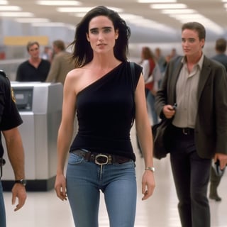 sologirl, masterpiece, young Jennifer Connelly standing in an airpot, surrounded by paparazzi, best quality, ray tracing, hdr, volumetric lighting, full body shot, facing viewer, shy smile, photo, (medium breasts), tight skinny jeans, one shoulder black top, black long boots, high heels ,Masterpiece,jenniferconnelly