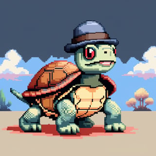 ((Turtle wearing a hat on the head:1.6)), turtle's red eyes, limbs crawling forward, (full body), (side full body picture), sky blue background, ((Pixel art:1.5)), pixel style,pixelstyle,