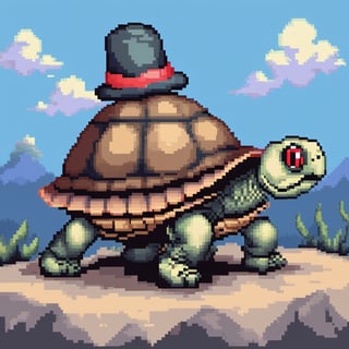 ((Turtle wearing a hat on the head:1.6)), turtle's red eyes, limbs crawling forward, (full body), (side full body picture), sky blue background, ((Pixel art:1.5)), pixel style,pixelstyle,